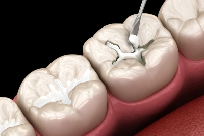 Porcelain dental filling being placed to restore a damaged tooth with a durable, natural-looking restoration at Ro Dental Group in Calgary, AB.