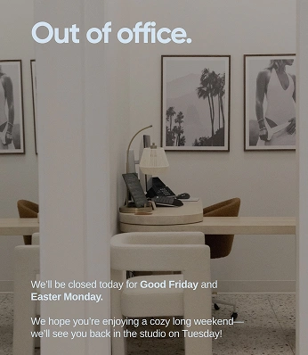Empty dental studio with text overlay indicating the office is closed for Good Friday and Easter Monday.
